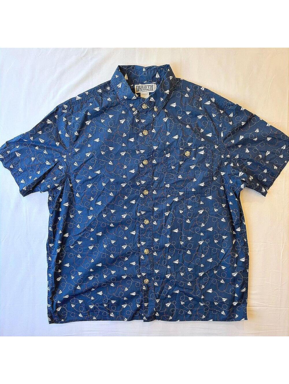 Duluth Trading Co. Paper Airplane Print Short Sleeve Button Front Navy Cotton XL